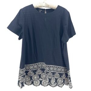 Jones New York Cotton Eyelet Blouse Womens XL Black Boho Chic Cottage Scalloped